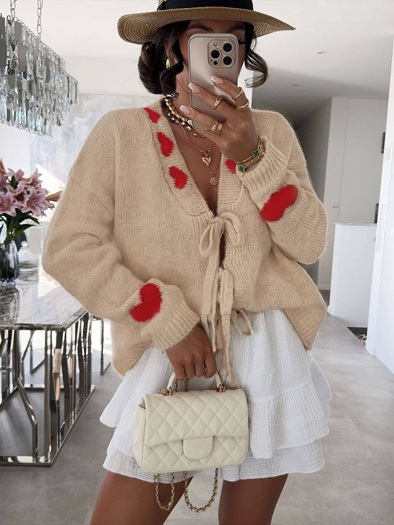 sand Honey Love Red heart pattern tie front knit cardigan sweater for wholesale on Faire5