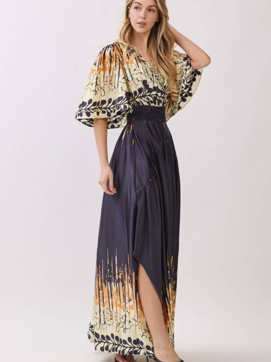 Maxi-jurk met boordprint, ellebooglange mouwen en V-hals voor wholesale door MintChoco