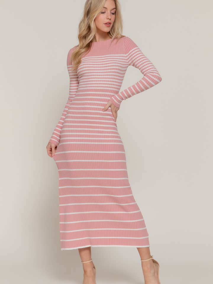 Long Sleeve Boat Neck Semi A-Line Stripe Long Dress for wholesale by Active Basic | Active USA