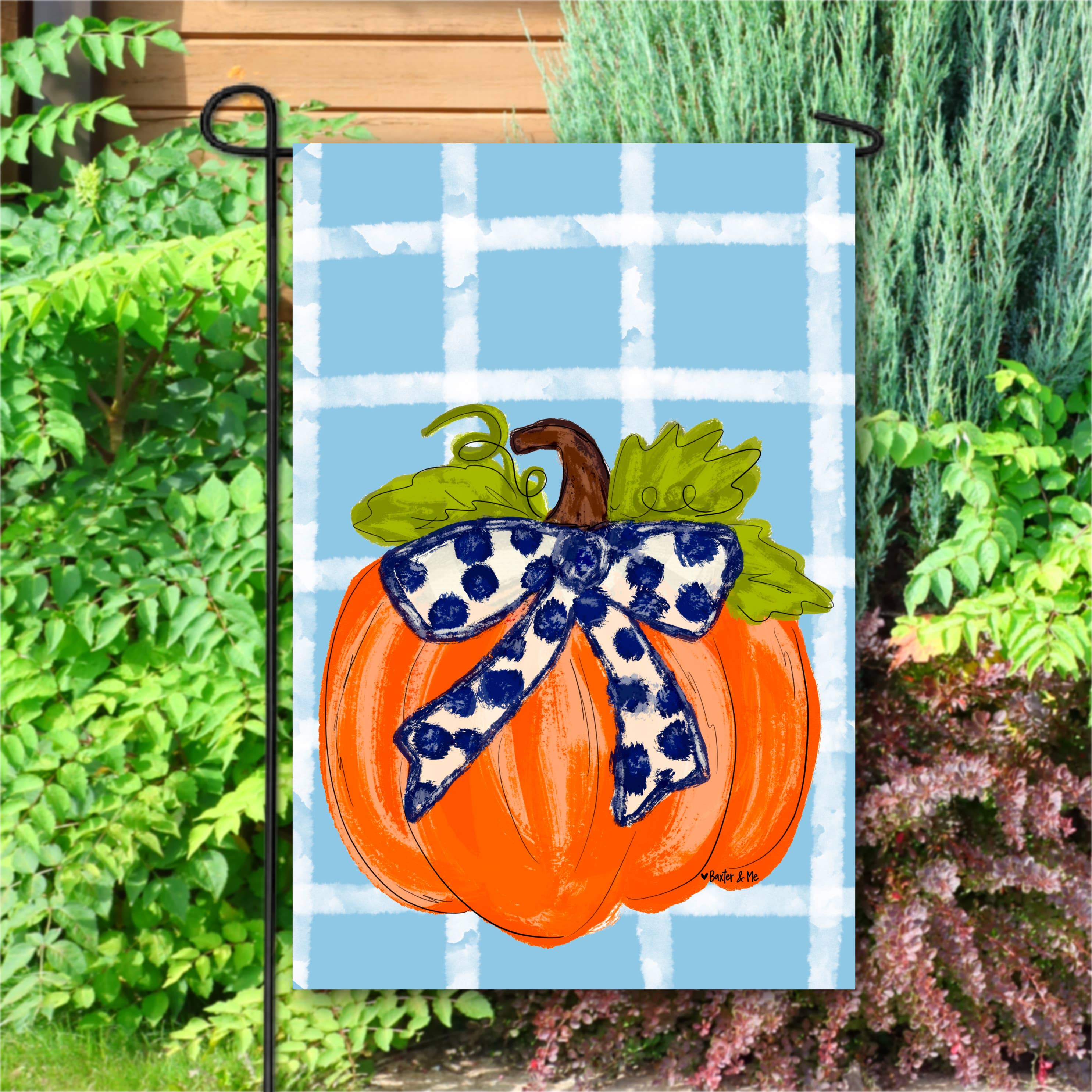 Baxter & Me - Wholesale Flag - Blue Plaid Pumpkin with Navy Bow Garden Flag