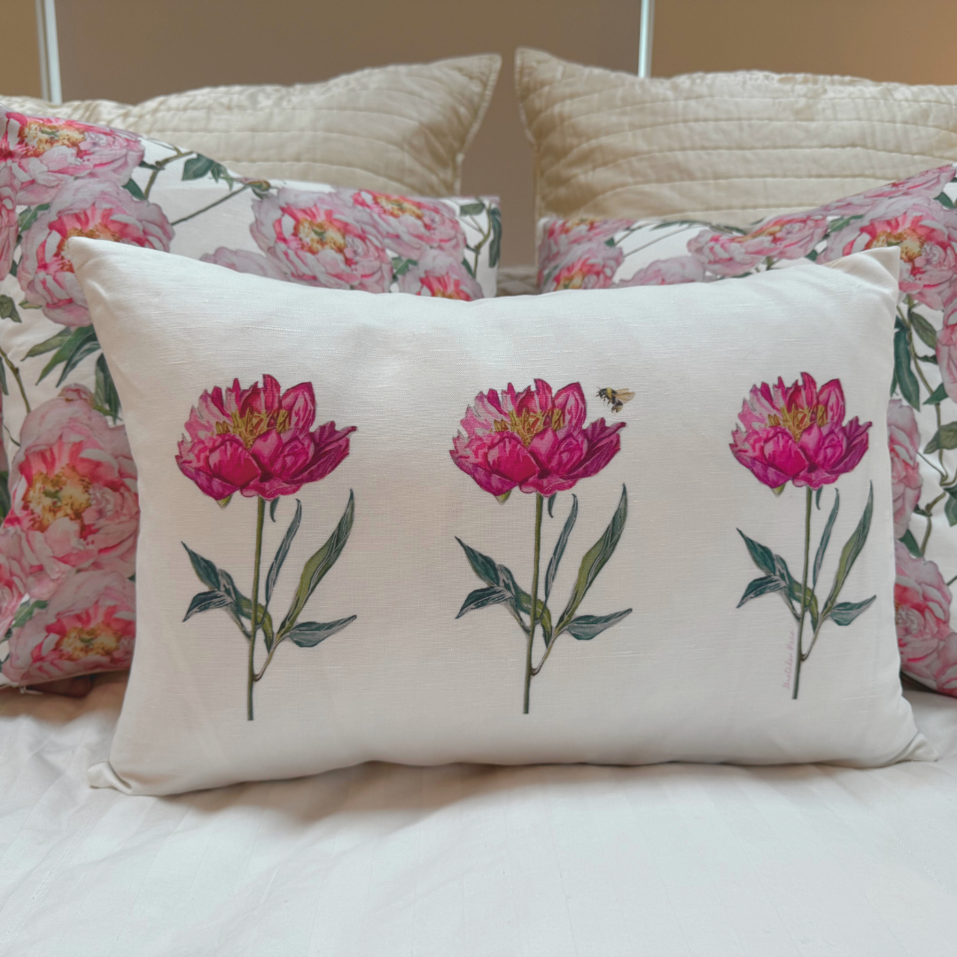 Goose and Willow - Wholesale Lumbar Pillow - Throw Pillow - Dark Pink Peony with Bee Triple on Linen Cotton Lumbar1