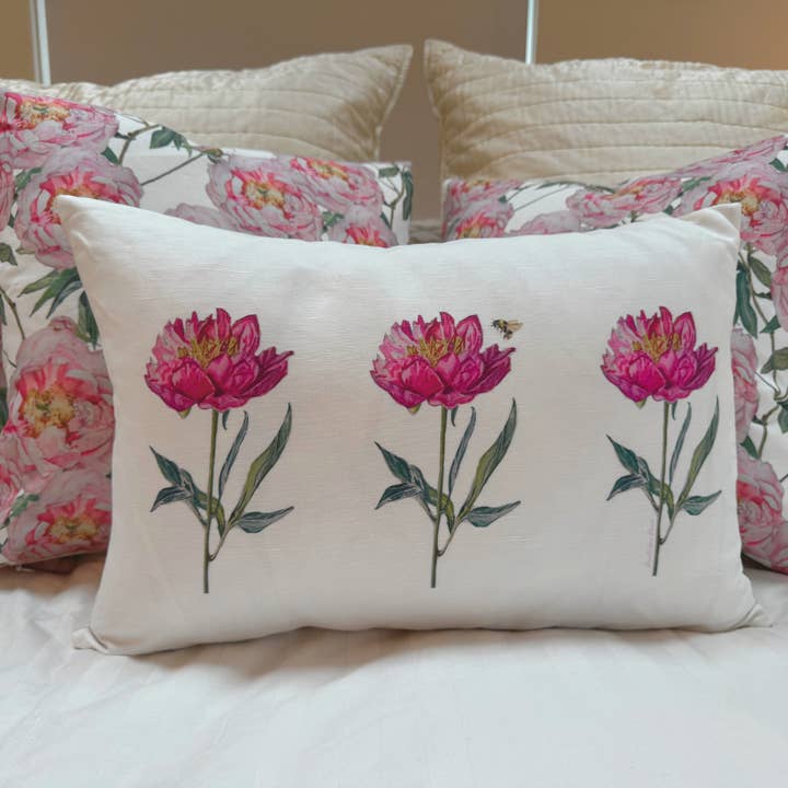 Goose and Willow - Wholesale Lumbar Pillow - Throw Pillow - Dark Pink Peony with Bee Triple on Linen Cotton Lumbar1