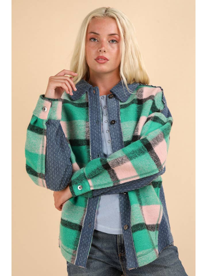 VERY J - Wholesale Shirt Jacket/Shacket - Women's - NJ90305-Textured Denim Contrast Plaid Shacket Jacket