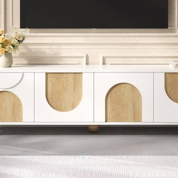 HOMYCASA DESIGN INC - Wholesale Console Table - Farmhouse TV Stand with Cable Holes for TVs up to 75', Cream Style Media Console with Rebound Device, Elegant Entertainment Center with 5 Solid Wood Legs for Living Room, Bedroom, White, 69.6'W15