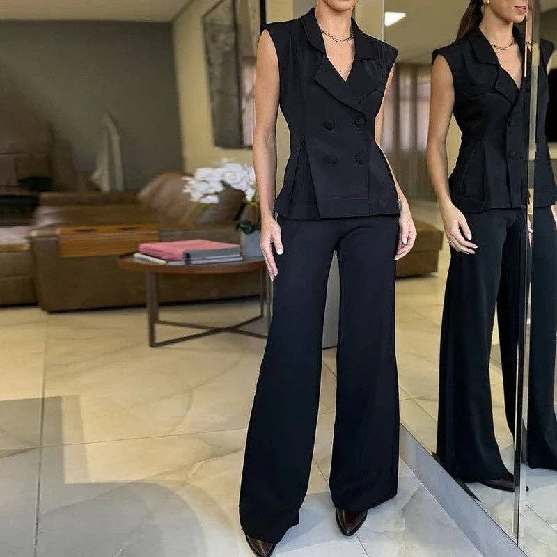 NEGRO Conjunto de chaleco ajustado de color sólido y pantalones largos de venta al por mayor en Faire0