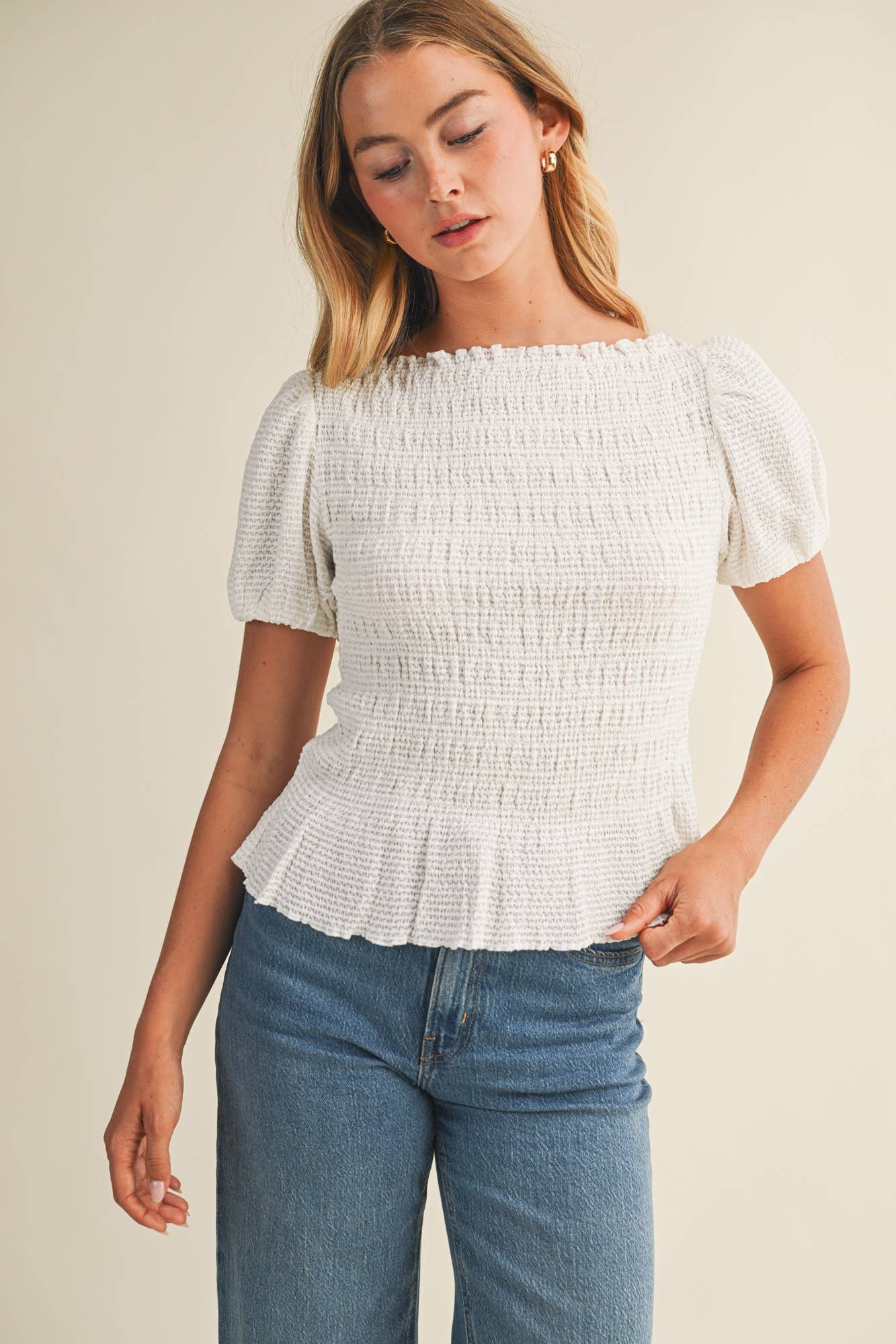 Mustard Seed - Wholesale Blouse - Women's - FLOCKED STRIPE SMOCKED PUFF SLEEVE TOP6