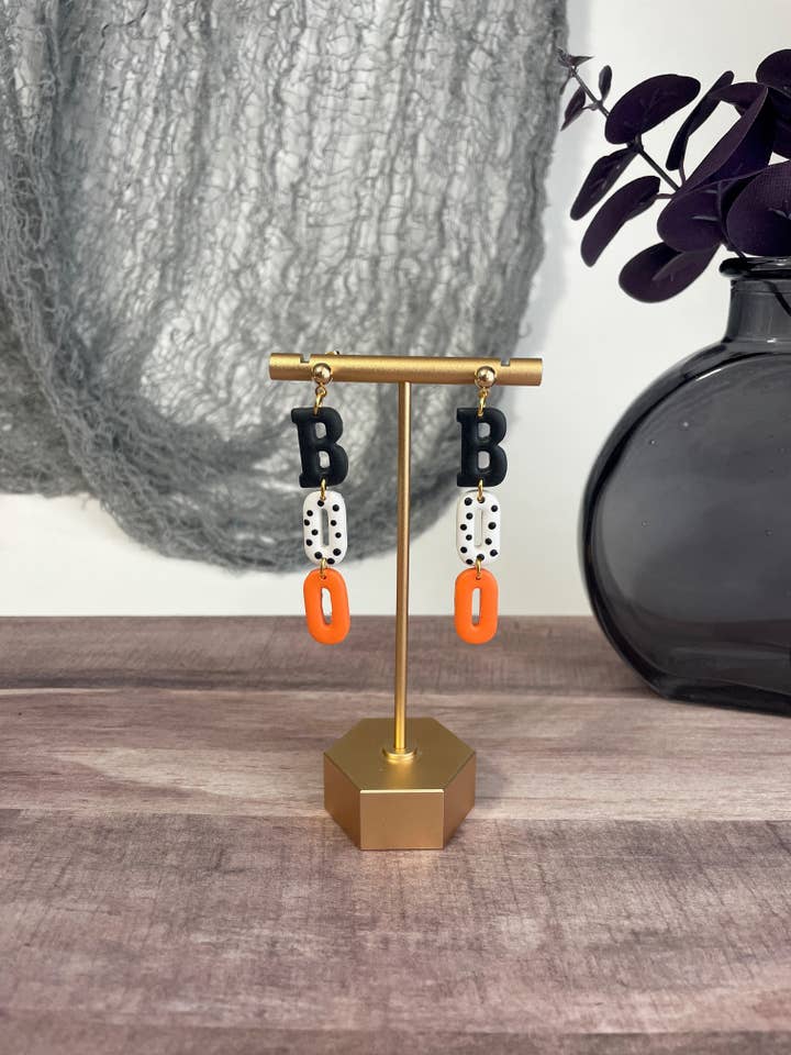 Orange BOO Dangles | Gold | Silver | Polymer Clay Earrings for wholesale by Classical Clay Co