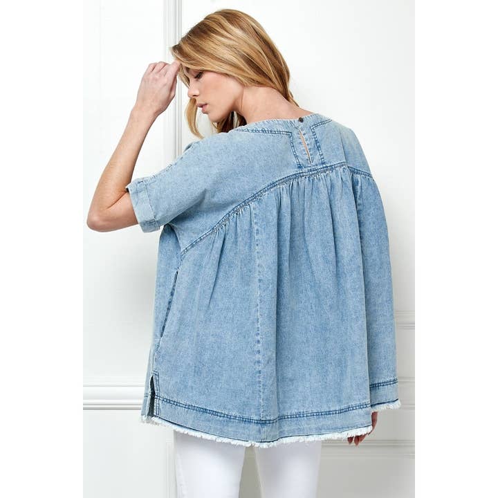 Oversize Pleated Denim Baydoll Top for wholesale on Faire