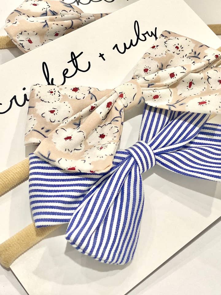 Cotton Bow Headband | Tan Floral & Blue Stripe - 2 Pack for wholesale by Cricket and Ruby