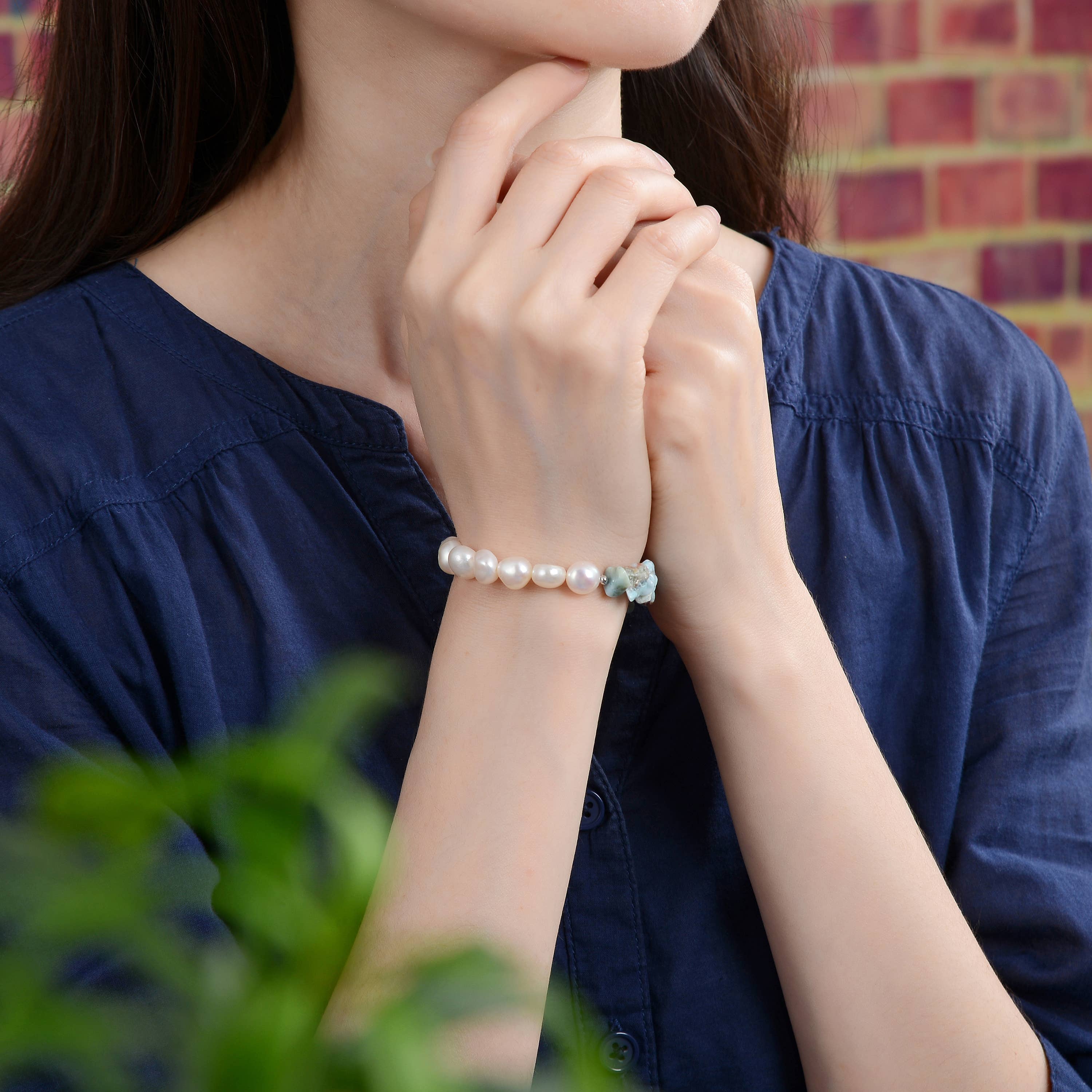 IST Jewelry – wholesale Pärlarmband – Larimar- och kultiverat pärlarmband med stretch1