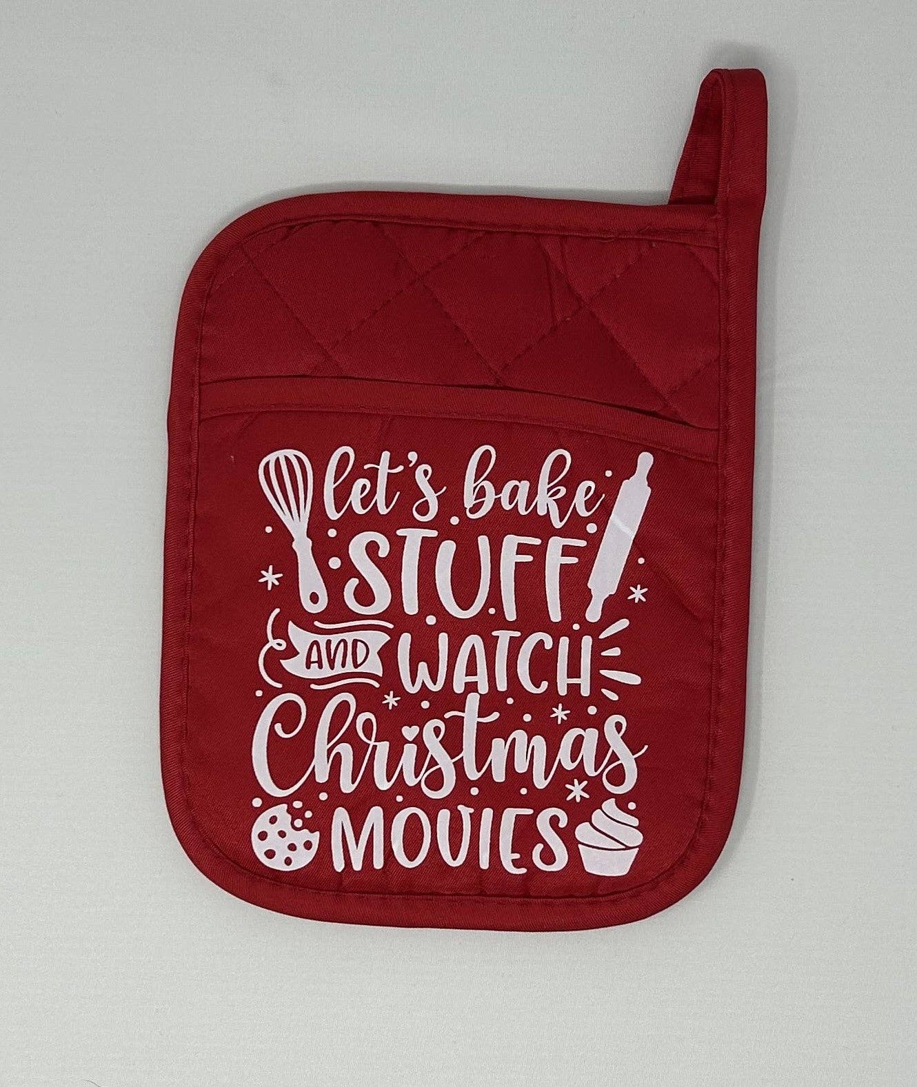 red Potholder Mitt - Let's Bake Stuff and Watch Christmas Movies for wholesale on Faire0