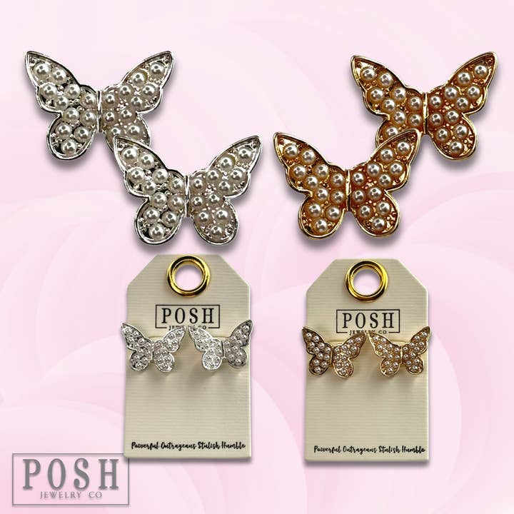 Pearl butterfly post earring for wholesale by Pink Panache Brands