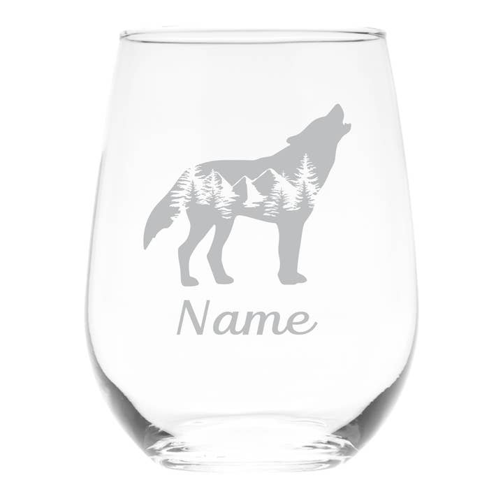 Wolf with Name Custom Stemless Wine Glass, 17 oz for wholesale by C&M Personal Gifts