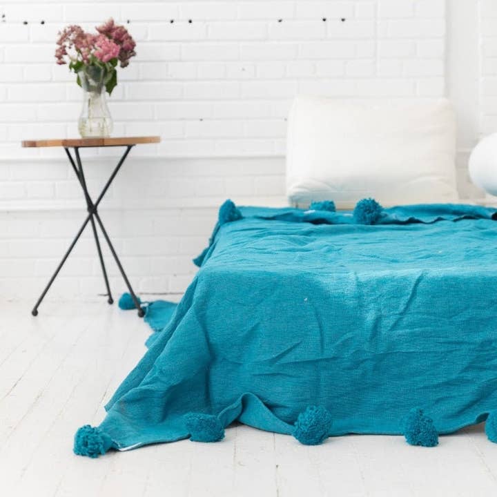 HandmadeBestSeller - Wholesale Throw Blanket - Handwoven Teal Moroccan Cotton Blanket with Pom Poms