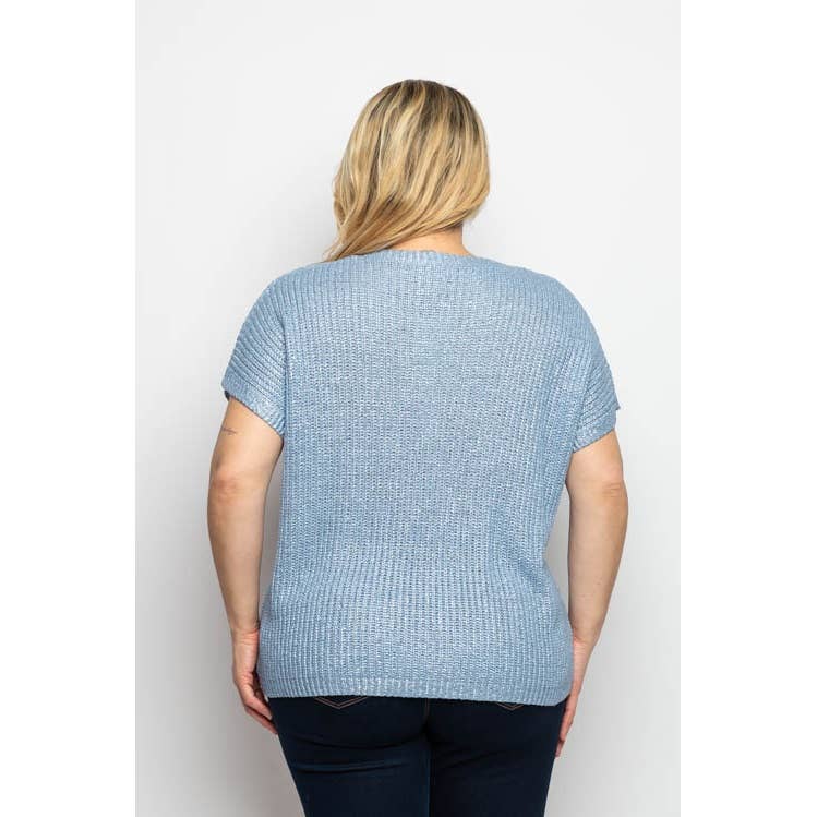 Curve Market - Wholesale Knit Top - Women's - PLUS SIZE METALLIC FOIL SHORT SLEEVE POCKET DETAIL SWEATER K1