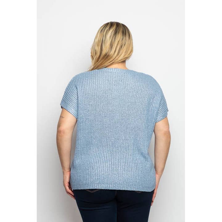 Curve Market - Wholesale Knit Top - Women's - PLUS SIZE METALLIC FOIL SHORT SLEEVE POCKET DETAIL SWEATER K1