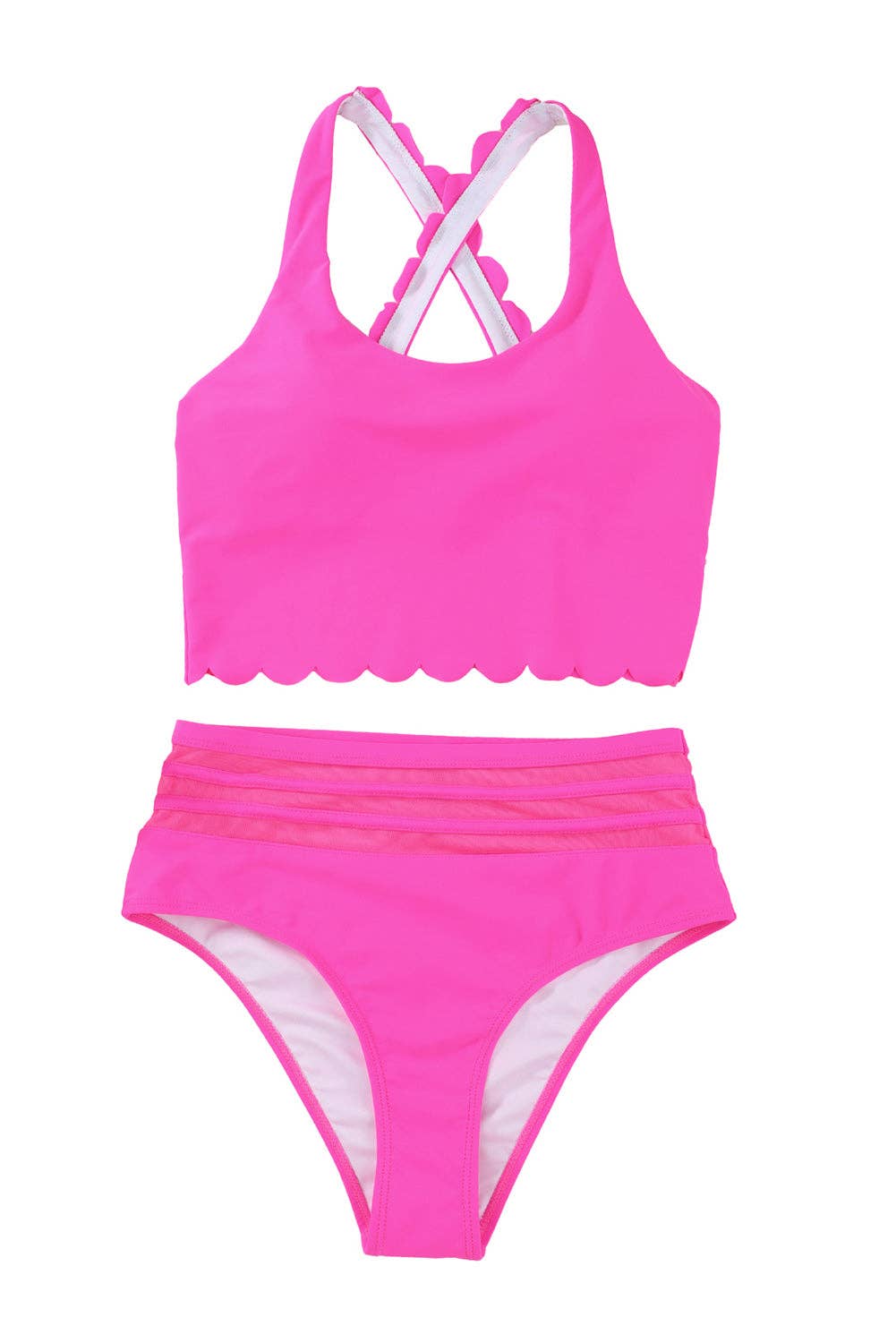 EG fashion - Wholesale Two Piece Swimsuit - Women's - Pink Scalloped Sleeveless High Waisted Two Piece Swimsuit45