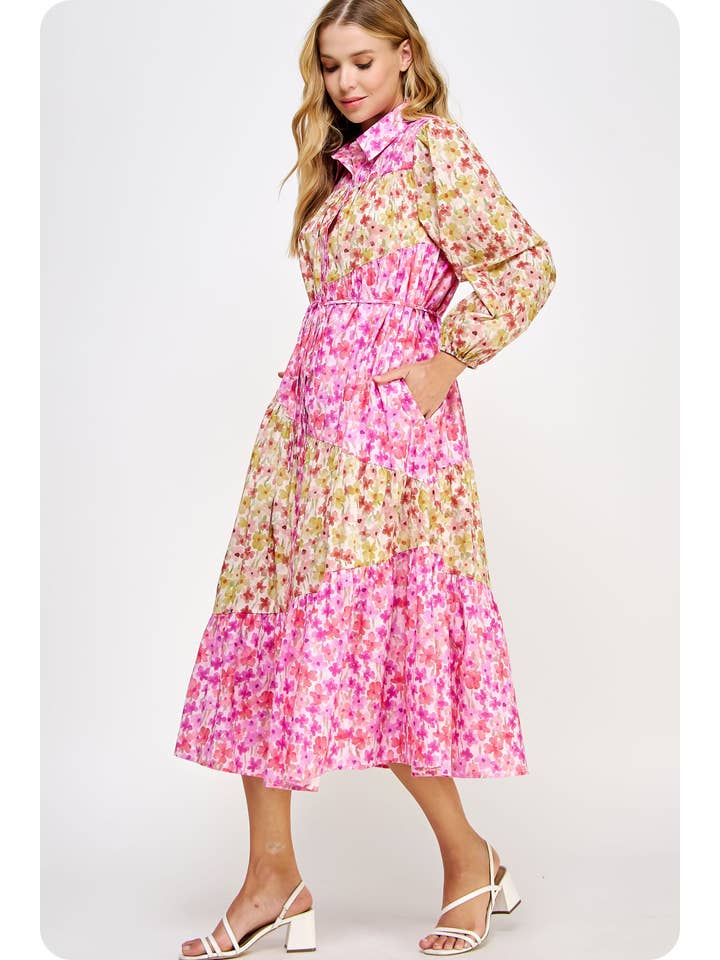 Pink chartreuse Asymmetric Tiered Cotton Voile Midi Shirt Dress for wholesale on Faire3