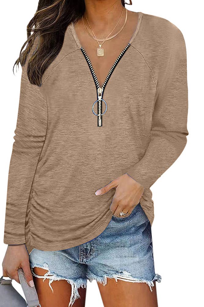 UNISHE - Wholesale Tunic - Women's - V Neck Zipper Plain Top ZZKF1962