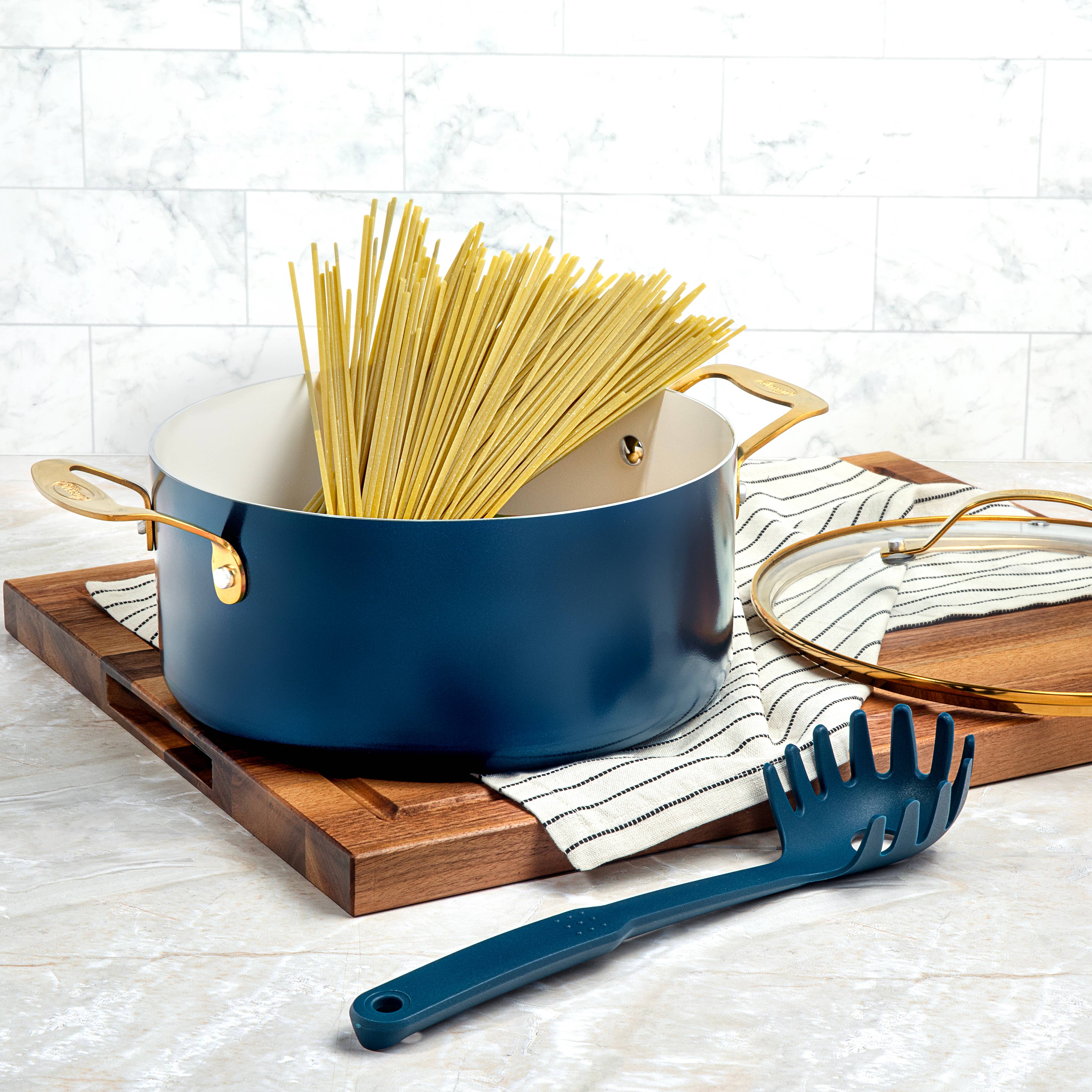 Gotham Steel/Granitestone – Großhandel Kochset – Gotham Steel Kochgeschirr-Set, 15-teilig, blau/creme mit goldfarbenen Griffen2