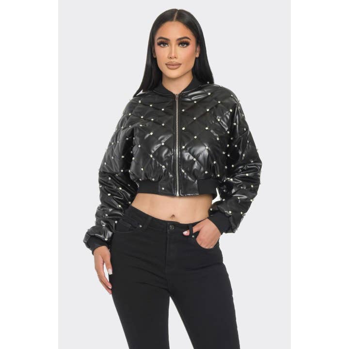 Veste bomber en cuir PU avec strass pour la vente par Esmeray Clothing