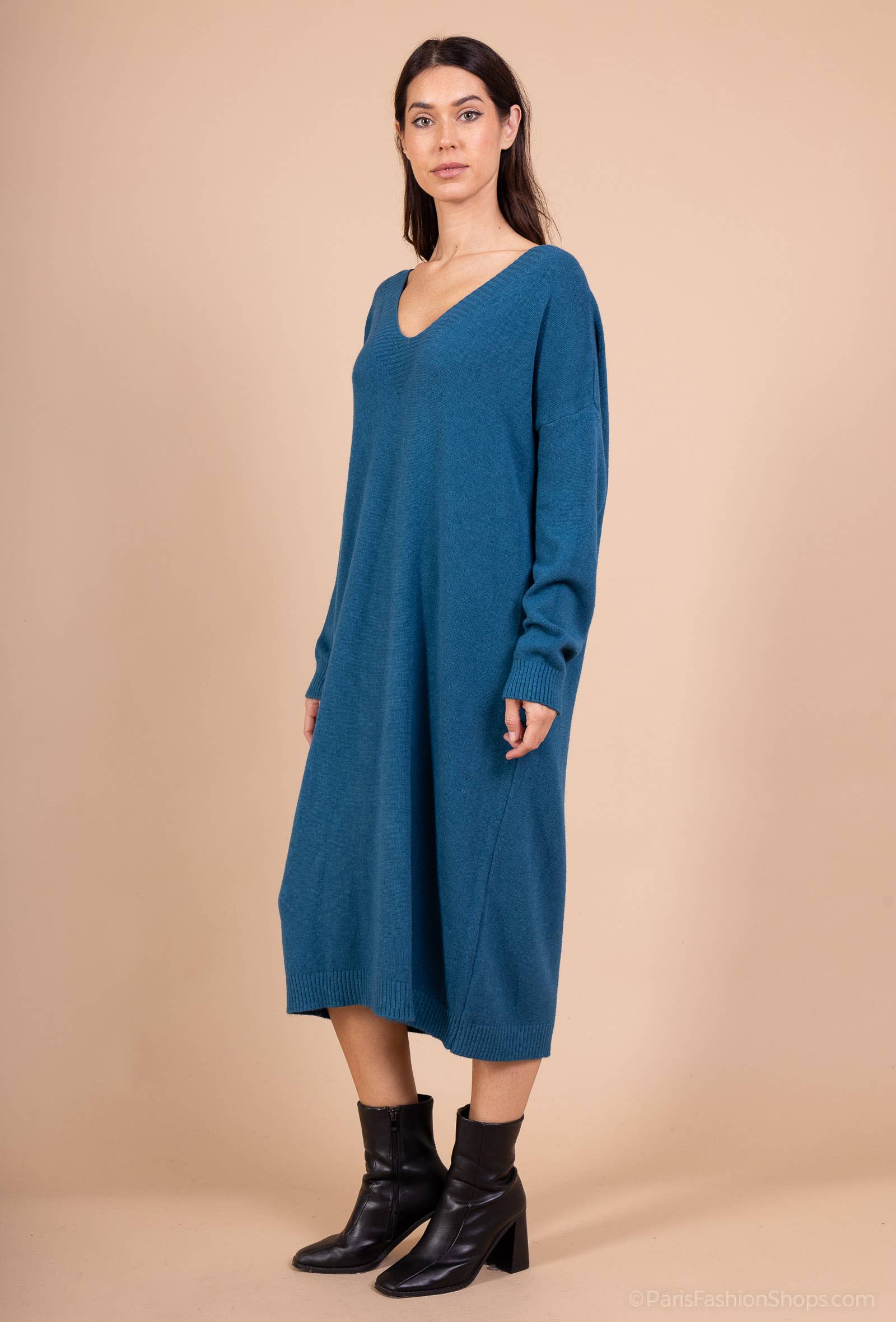 L'Emotion - Vente Robe – femme - Robe Pull Maille Fine Bord-Côtes Côtelé Col V9