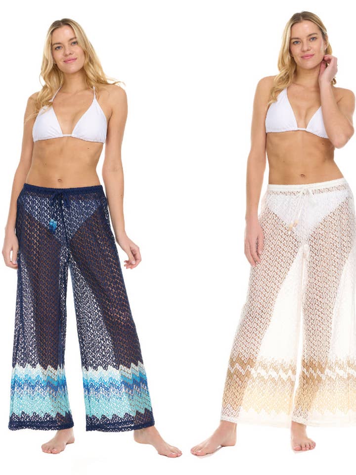 Crochet Boarder Cropped Pull On Pants With Belt With Beads for wholesale by Aruba Blue