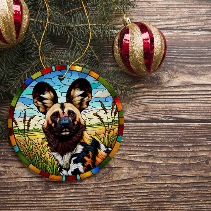 OrnamentallyYou - Wholesale Ornament - Savannah's Wild Dog Stained Glass Style Ceramic Ornament3