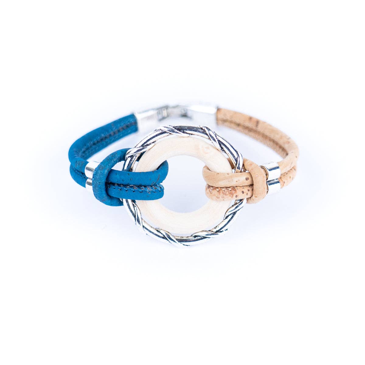 Meninas Bonitas Cork – Pulseira por atacado – Pulseiras femininas feitas à mão com fio de cortiça colorido e anéis de liga e madeira DBR-052-MIX-54