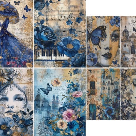 Blue Lady Rispapir til decoupage – A4 – 6 ark – til kreative projekter for engroshandel hos Craft Kreatively