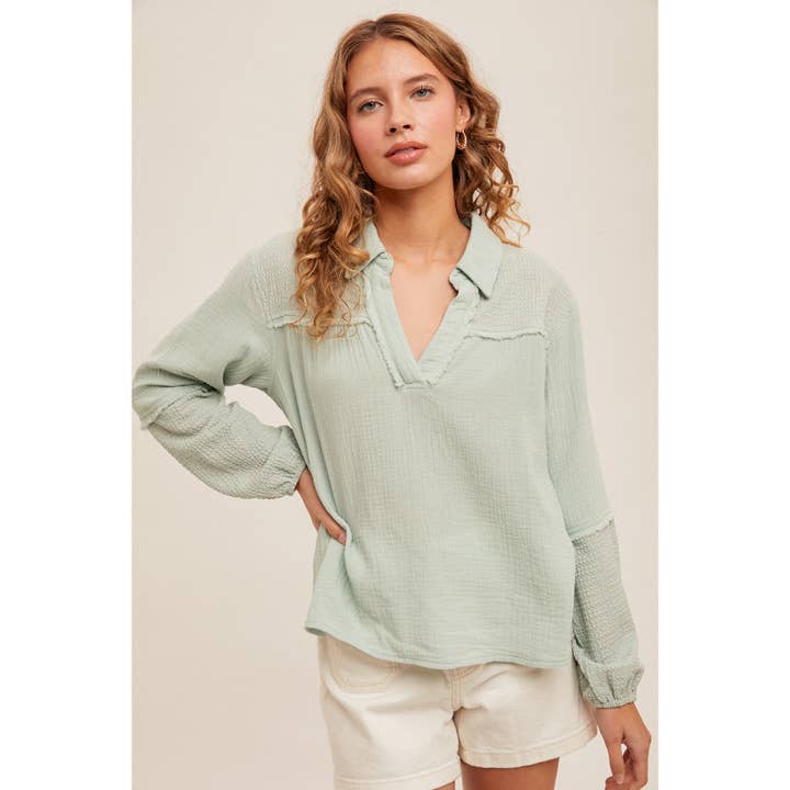 TOP VAN GEMENGDE STOF MET V-HALS EN BLOUSONMOUWEN voor wholesale door Apolline