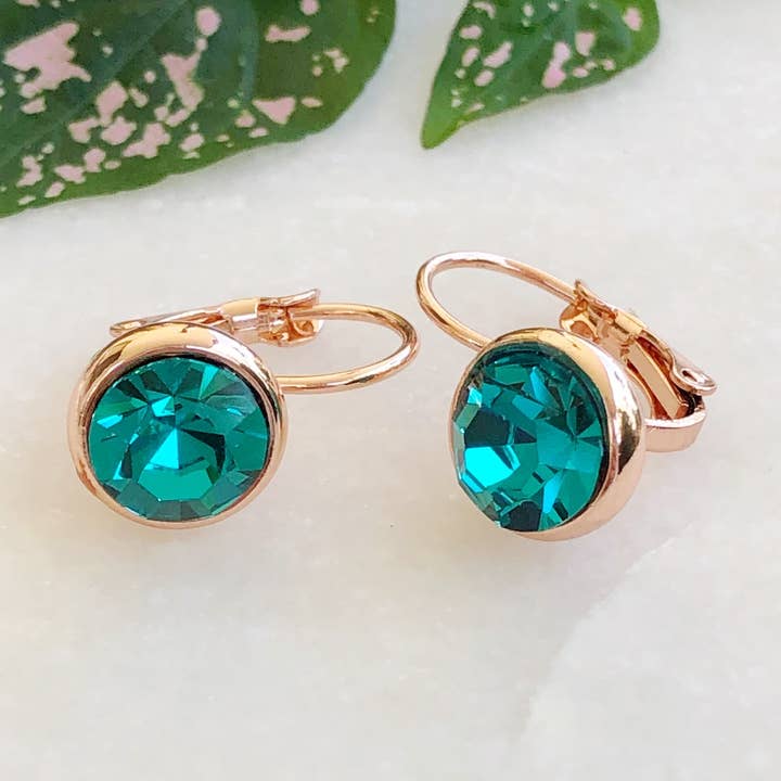 Rose Gold Teal Crystal Leverback Earrings for wholesale by Love Bird Fashion Accessories