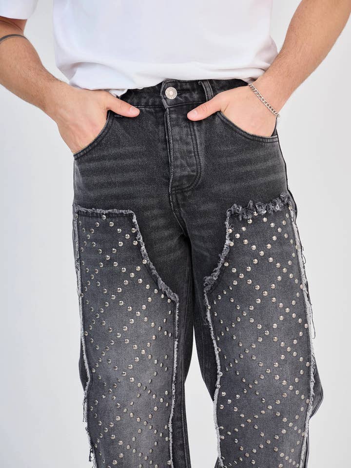 TOP MONDAY - Wholesale Jeans - Men's - Jean Straight Studded Black Gray Medium Wash4