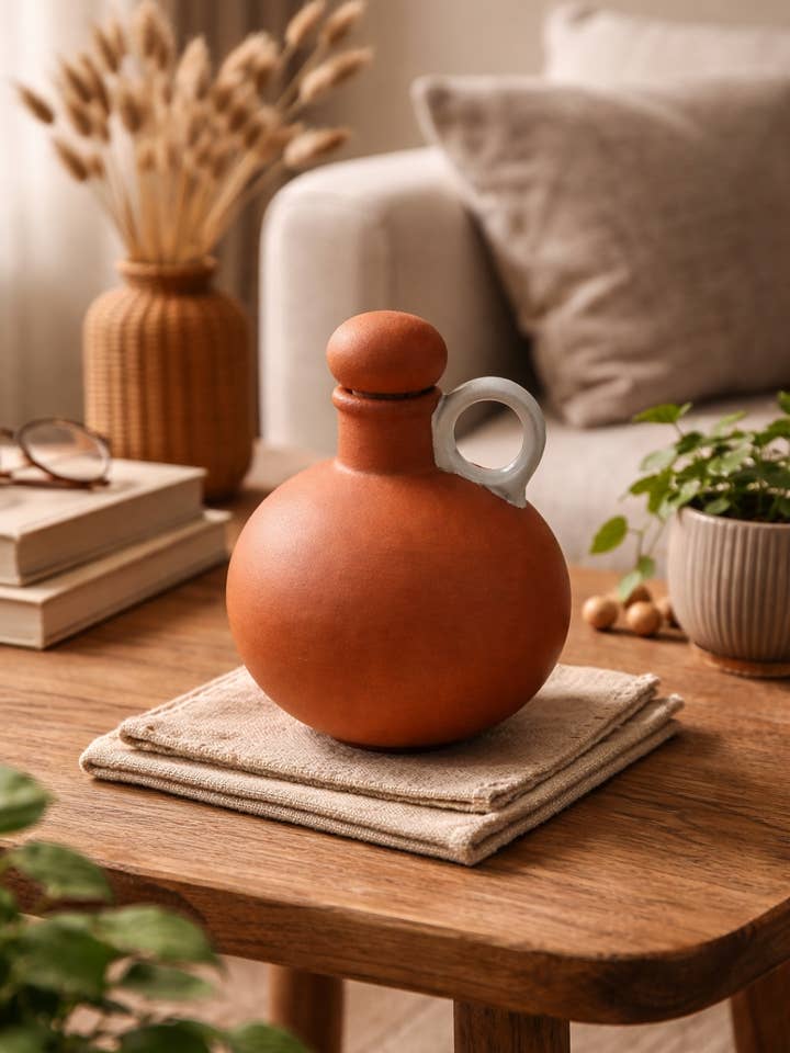 Handmade Red/brown Clay Bottle Vase with White Glazed Handle for wholesale by Enoceramics