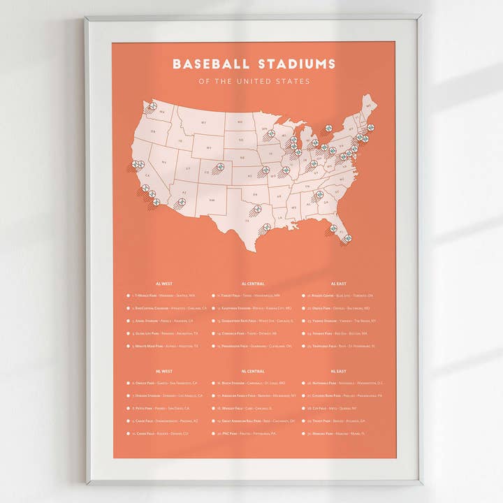 Baseball Stadiums Checklist Map | 12x18" | Orange for wholesale by Mappy Paths