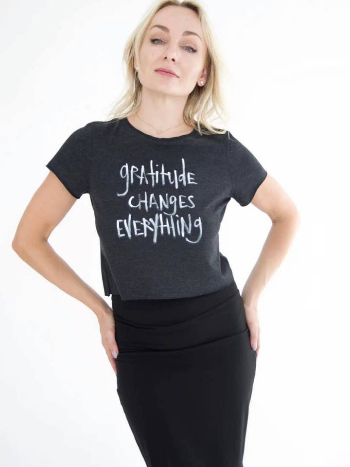 “Gratitude Changes Everything” Hand Painted Quote Tee for wholesale by Nicole Paloma Original Hand-Sewn Designs