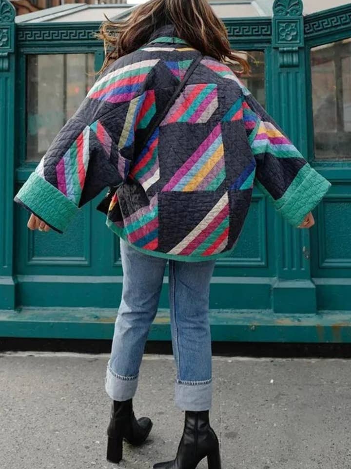 Green CWOCO0899_FASHION PRINT PATCHWORK LONG-SLEEVED COAT for wholesale on Faire2