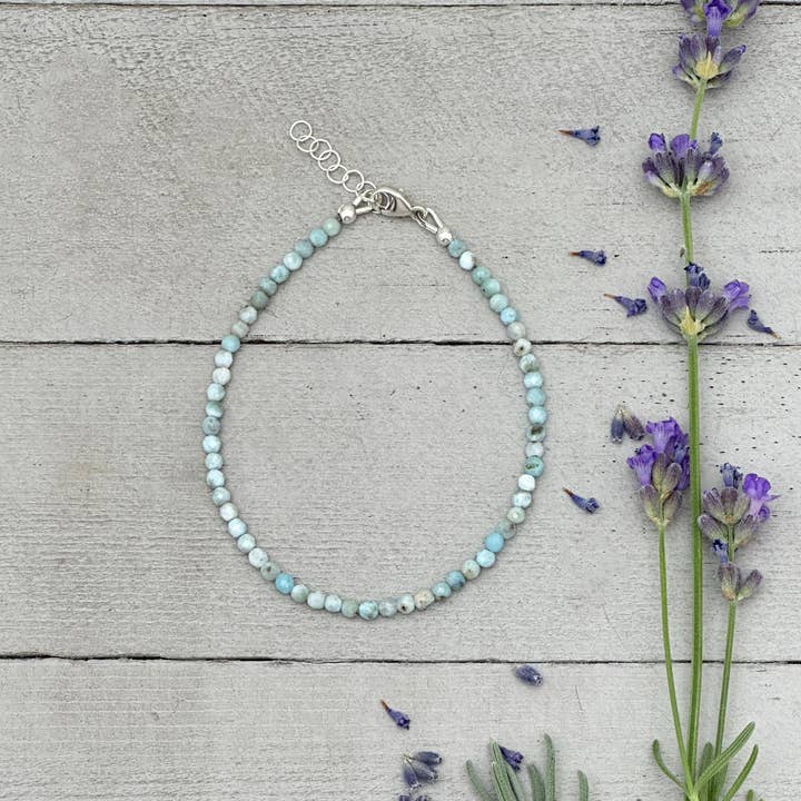 Larimar and Sterling Silver Silver Bracelet - Dainty Faceted Beaded - 3 or 4mm Genuine Blue and White Larimar for wholesale by Sunlight Silver Jewelry