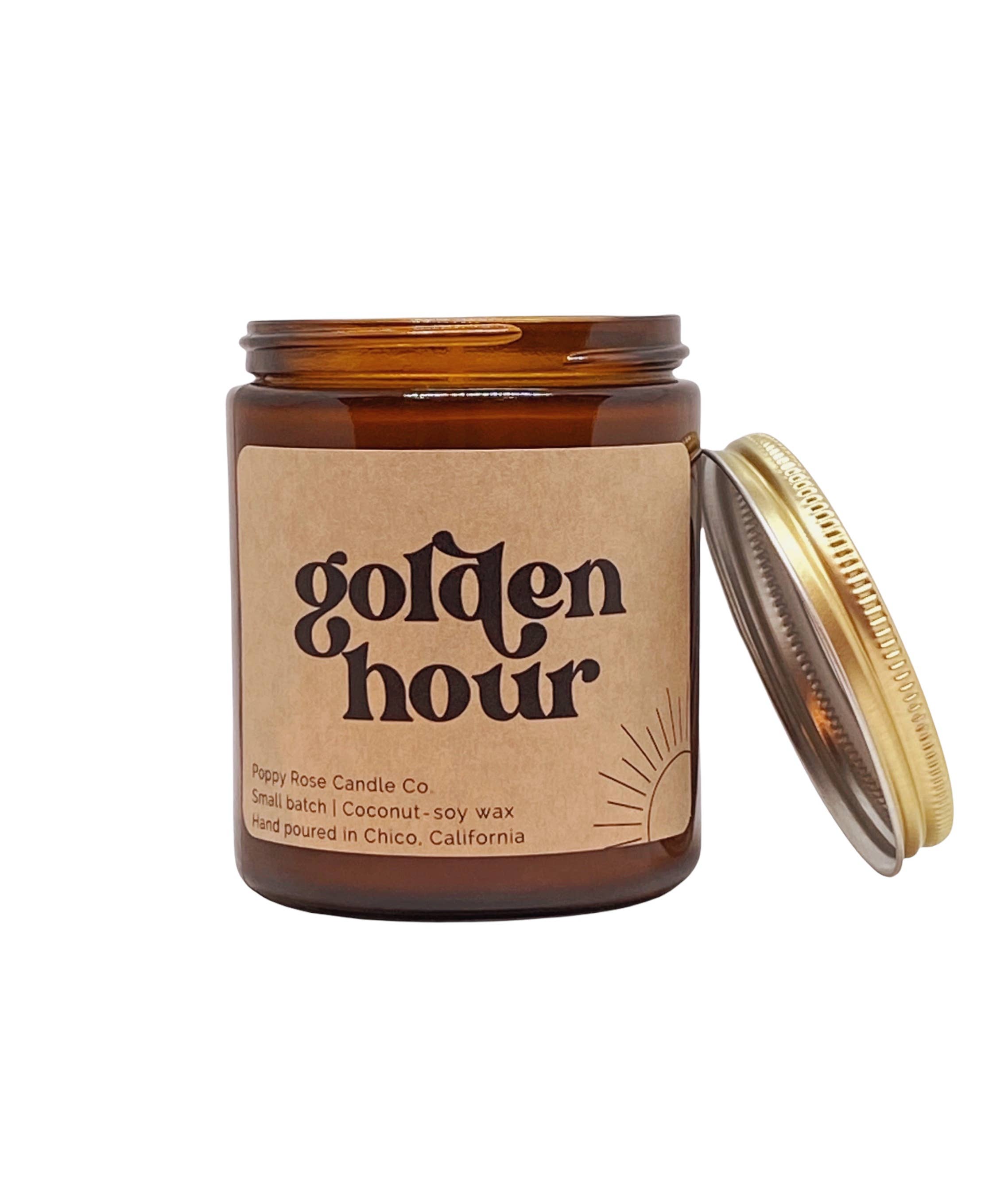 Poppy Rose Candle Co. - Vente Bougie en bocal - Bougie en cire de coco de 8 oz dans un pot ambré Golden Hour2
