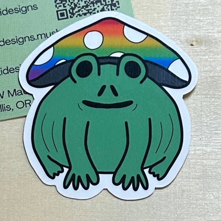 Pride Frog with Mushroom Hat | Handmade Original Art Waterproof Vinyl Sticker for wholesale by Matchai Designs