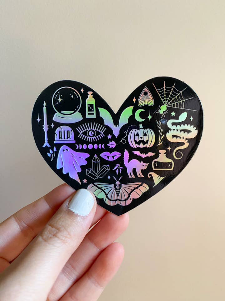 Holografisk kærlighed Halloween ikoner klistermærke for engroshandel hos Bottlebrush Graphics