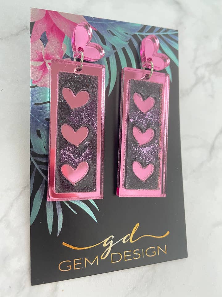 Hjerter akryl erklæring øreringe med harpiks Glitter for engroshandel hos Gem Design UK