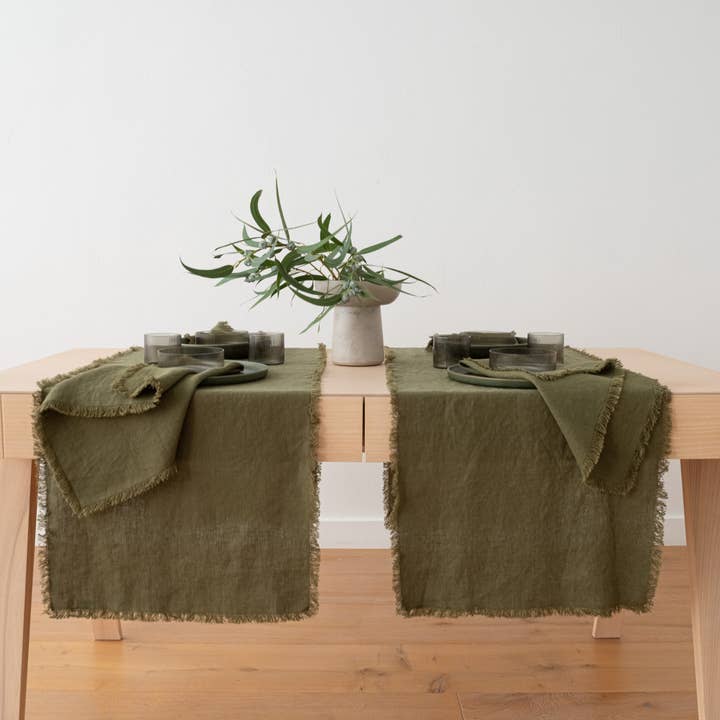 LinenMe - Wholesale Table Runner - Linen Table Runner Olive Green Terra Fringe2