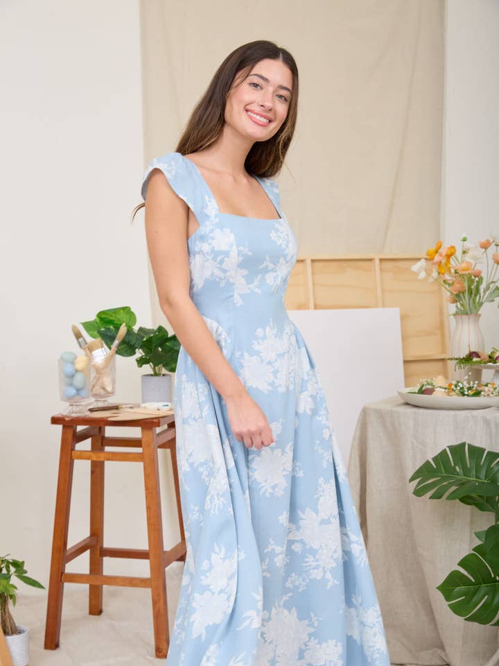 FLORAL SQUARE NECK BELL SLEEVE MIDI DRESS for wholesale by Blu Pepper