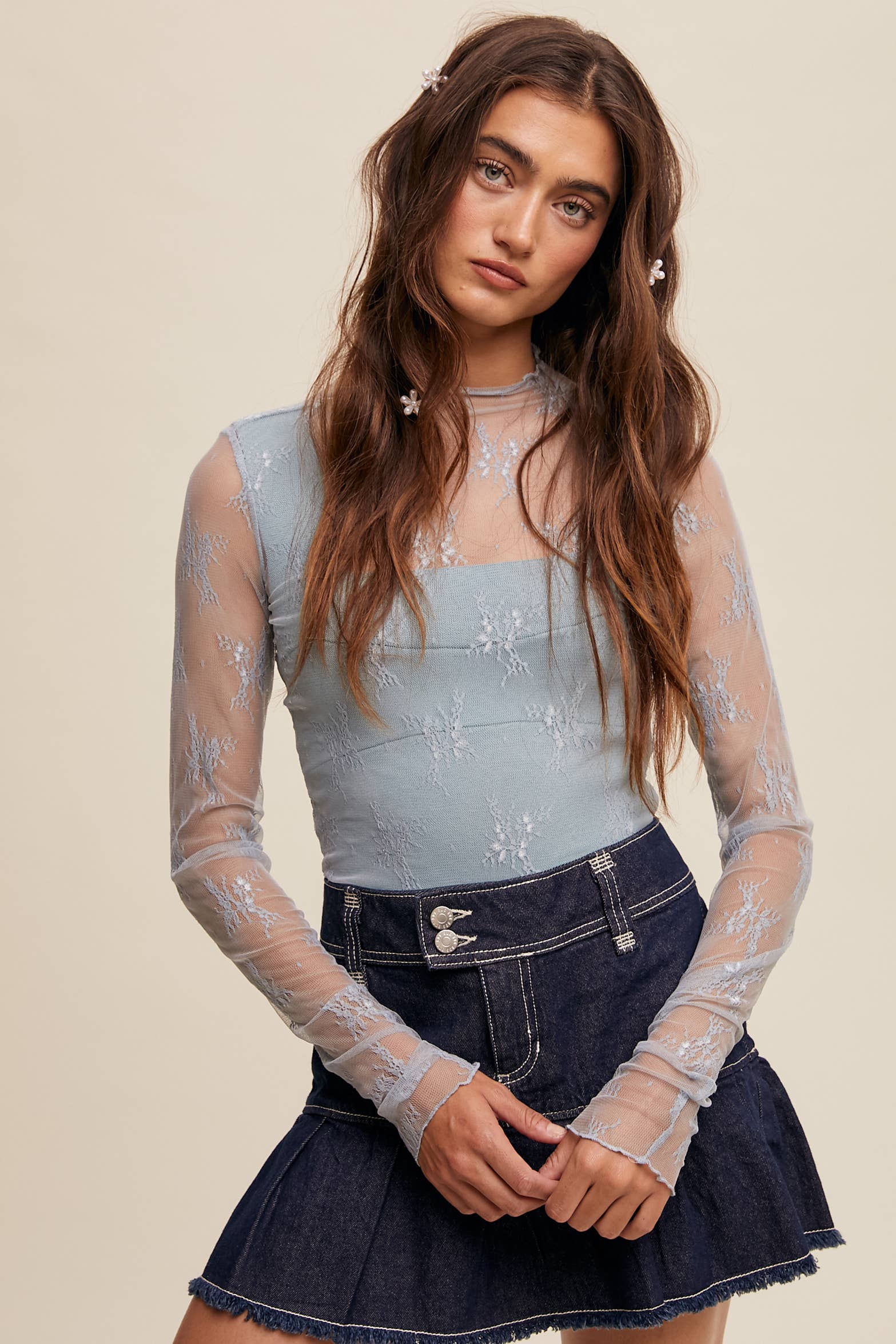 Listicle - Wholesale Blouse - Women's - Sheer Lace Long-Sleeve Top102