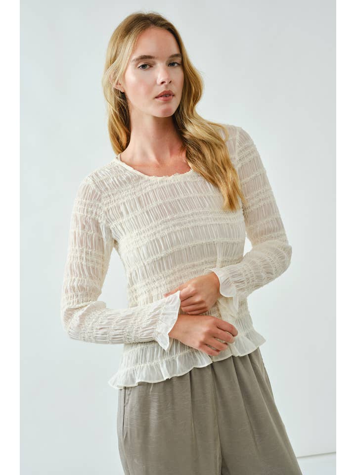 Aaron & Amber - Wholesale Knit Top - Women's - AJT5432 LACE DETAIL SHEER SMOCKING TOP