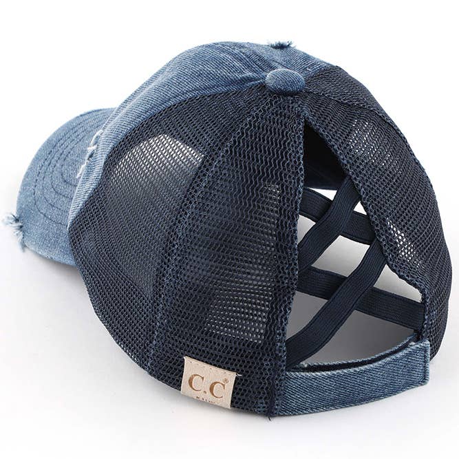 Hana – wholesale Baseball cap – Kids – C.C Kids Washed Denim Elastic Band Crossed Pony Cap19