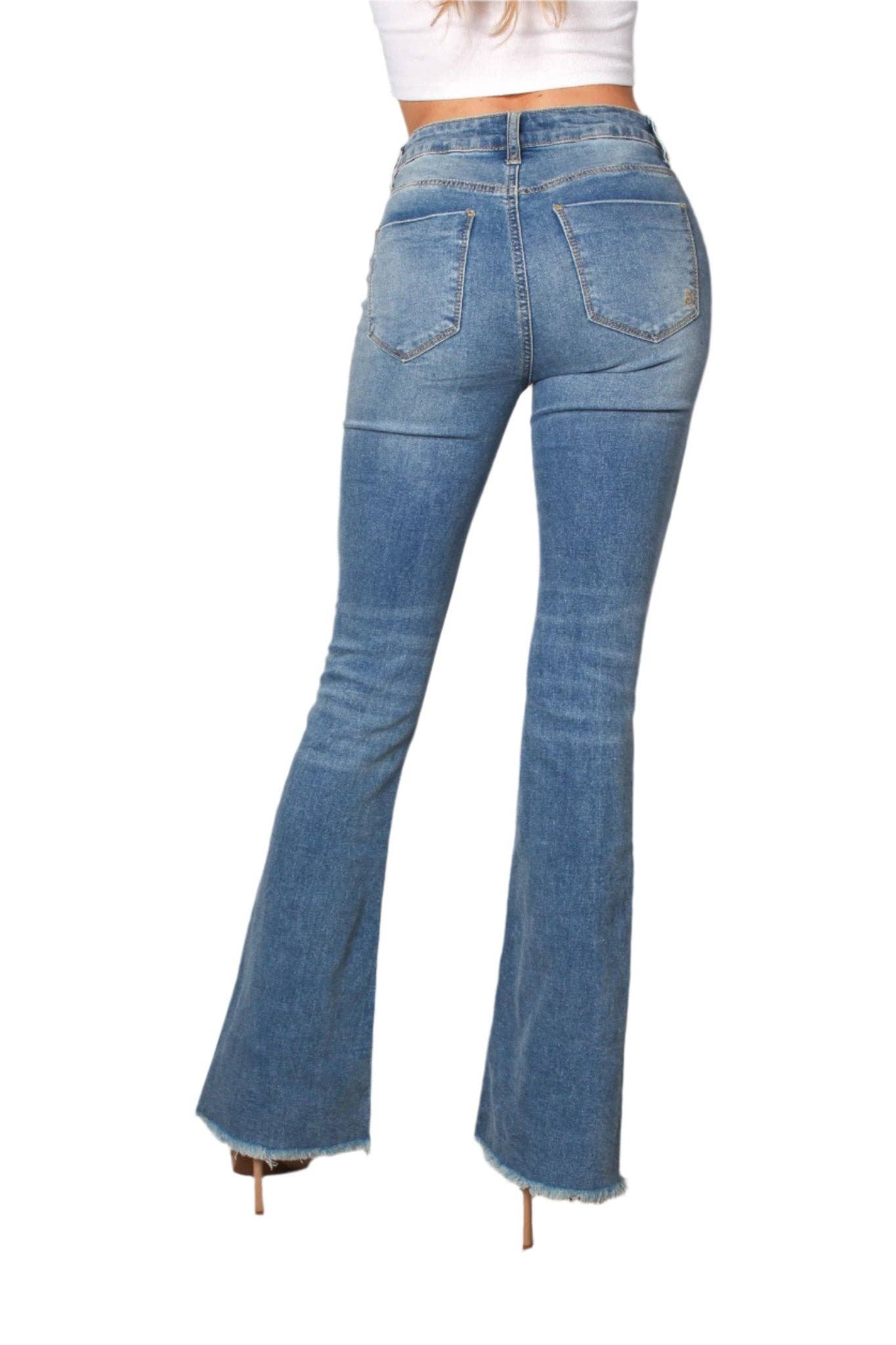 Good Stuff Apparel - Wholesale Jeans - Women's - Women's High Waist Five Buttons Raw Hem Flare Jeans4