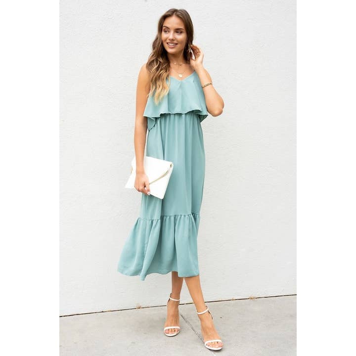 OPEN SHOULDER RUFFLE LAYER BOTTOM CREPE MAXI DRESS (Q51578) for wholesale by VENTI6