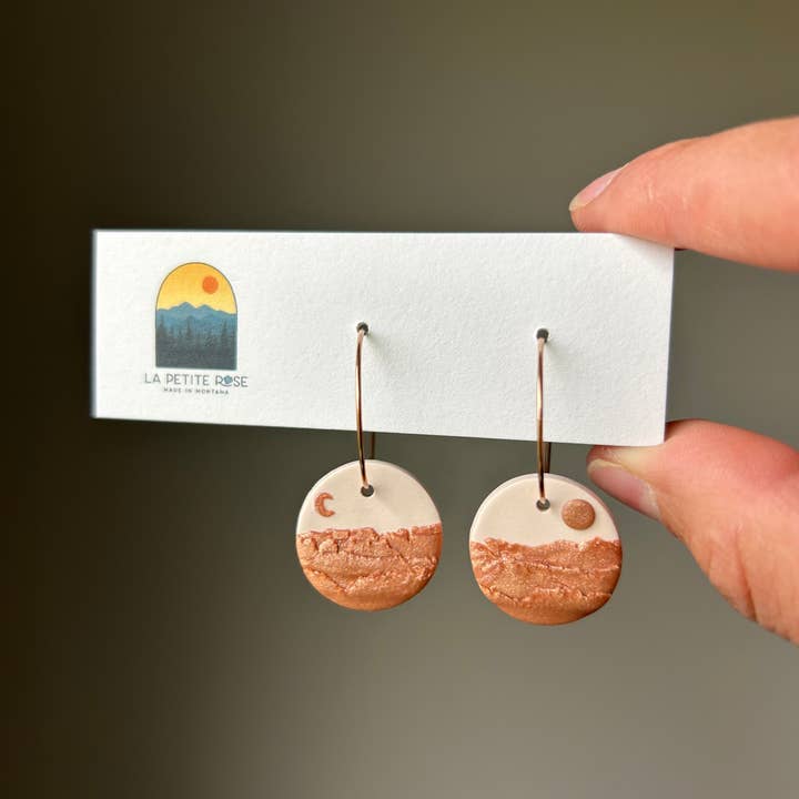 Copper Clay Mountain Landscape Earrings, Sun Moon Clay Hoops for wholesale by La Petite Rose LLC